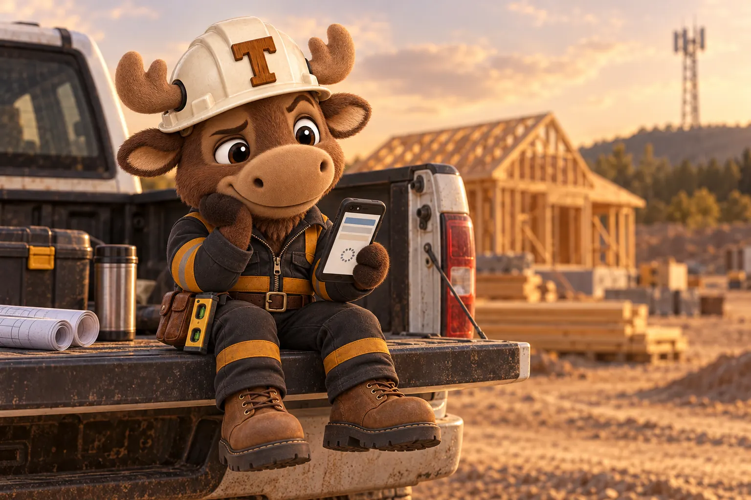 Tuff the moose calf foreman on a pickup tailgate at a rural job site, waiting for a page to load on a phone