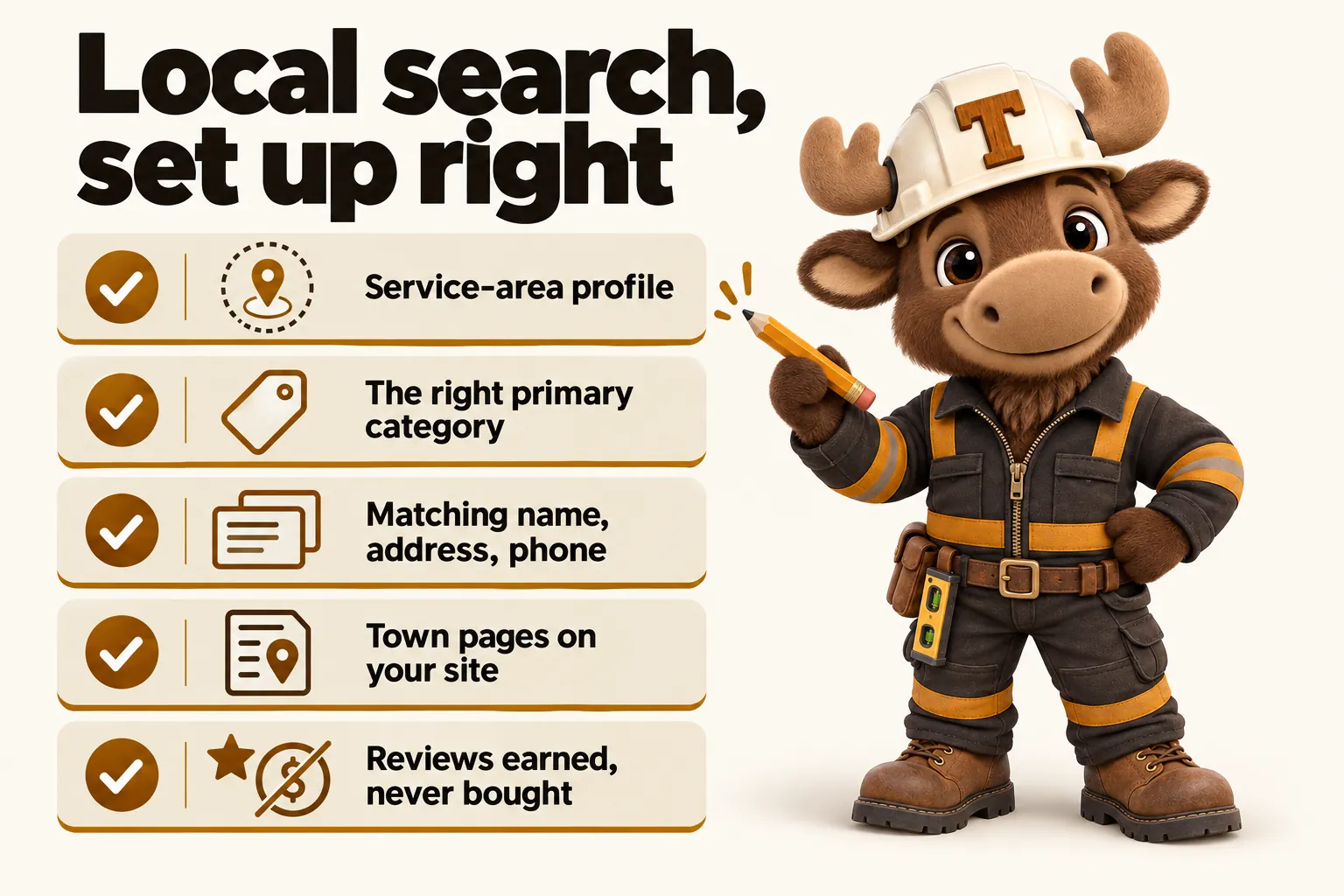 Local search, set up right: service-area profile; the right primary category; matching name, address, phone; town pages on your site; reviews earned, never bought.