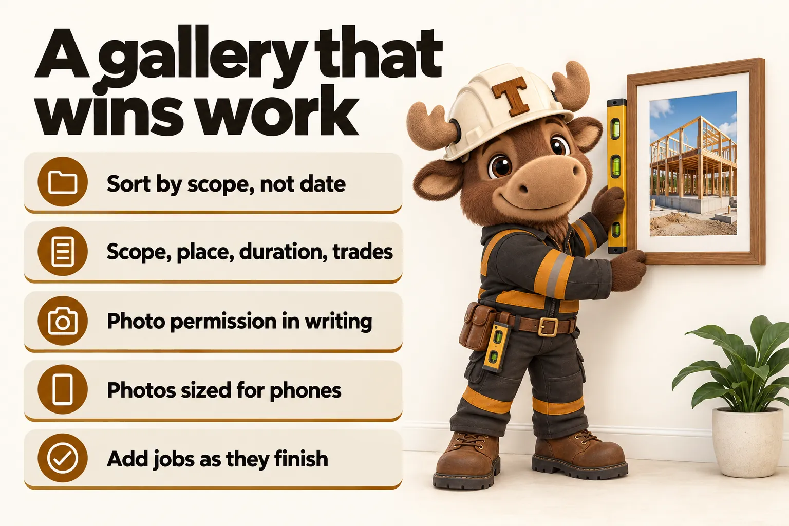 A gallery that wins work: sort by scope, not date; scope, place, duration, trades; photo permission in writing; photos sized for phones; add jobs as they finish.