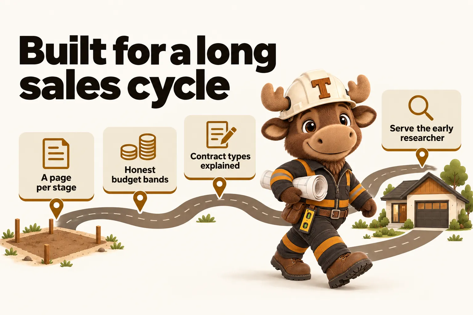 Built for a long sales cycle: a page per stage; honest budget bands; contract types explained; serve the early researcher.