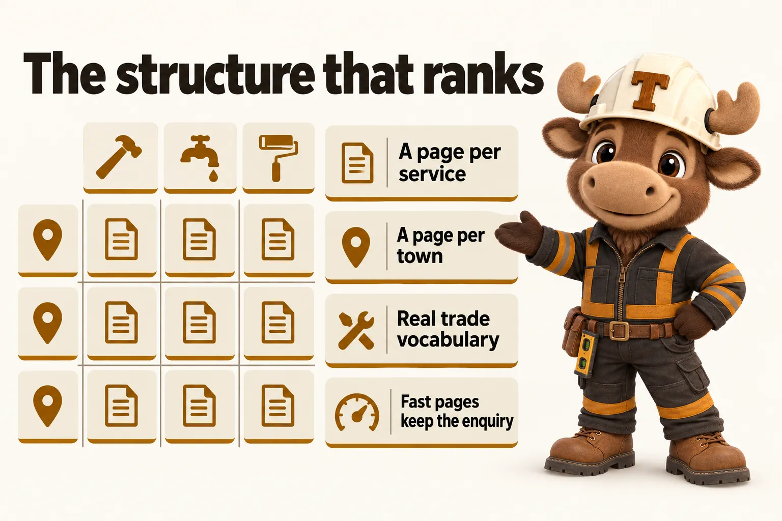 The structure that ranks: a page per service; a page per town; real trade vocabulary; fast pages keep the enquiry.