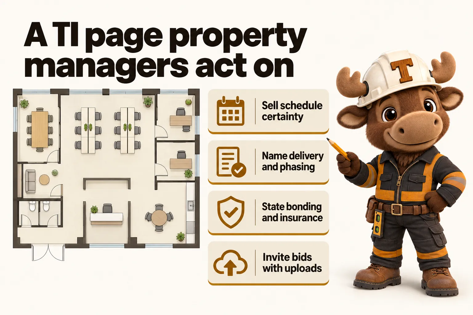 A TI page property managers act on: sell schedule certainty; name delivery and phasing; state bonding and insurance; invite bids with uploads.