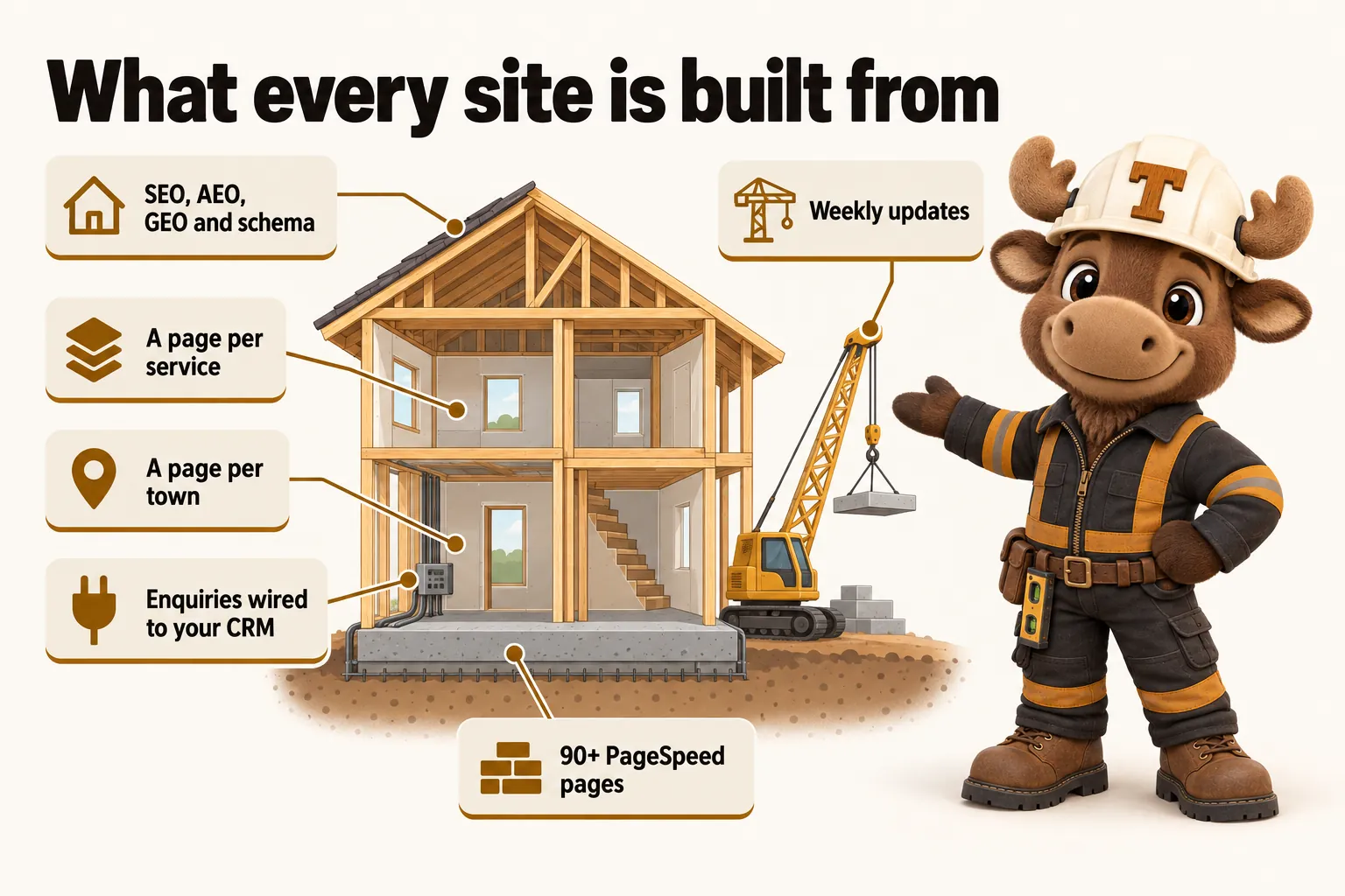 What every site is built from: SEO, AEO, GEO and schema; a page per service; a page per town; enquiries wired to your CRM; 90+ PageSpeed pages; weekly updates.