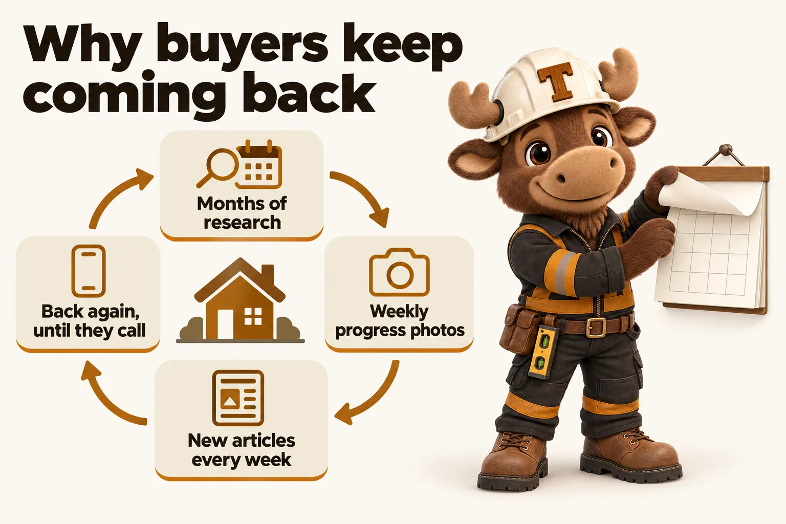 Why buyers keep coming back: months of research; weekly progress photos; new articles every week; back again, until they call.