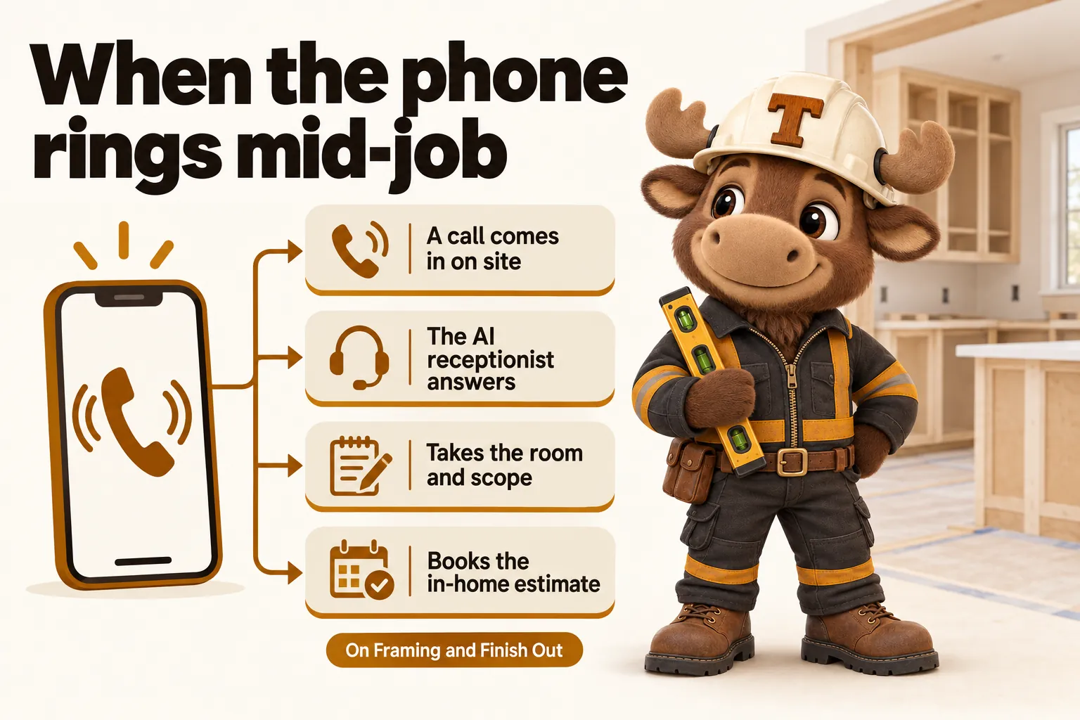 When the phone rings mid-job: a call comes in on site; the AI receptionist answers; takes the room and scope; books the in-home estimate. On Framing and Finish Out.