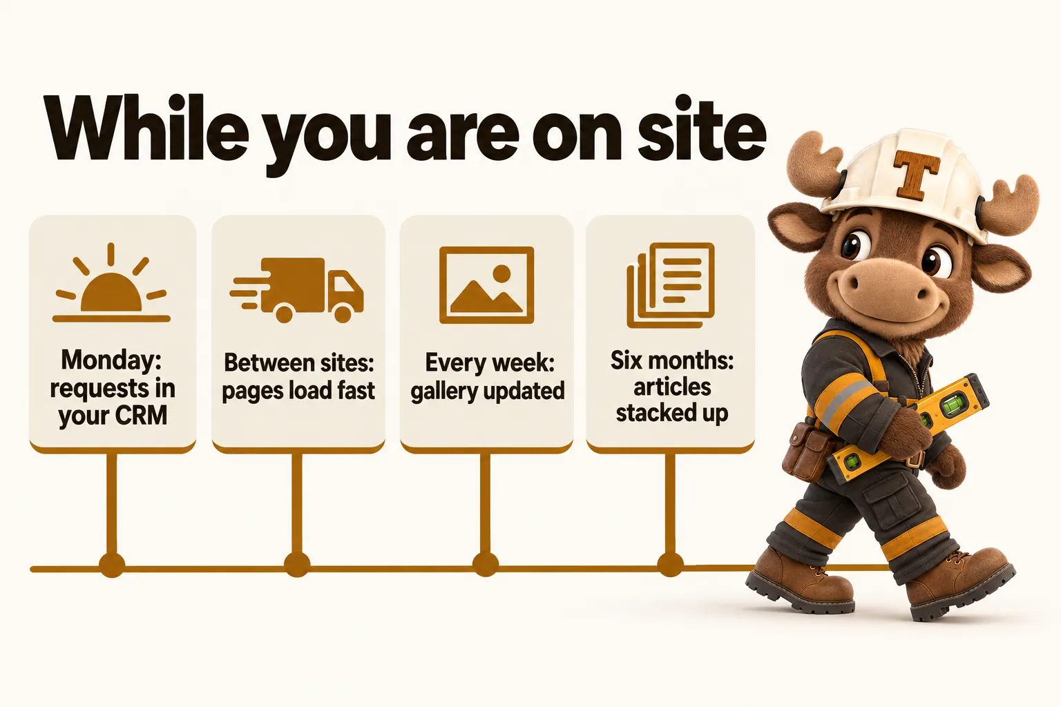 While you are on site: Monday, requests in your CRM; between sites, pages load fast; every week, gallery updated; six months, articles stacked up.