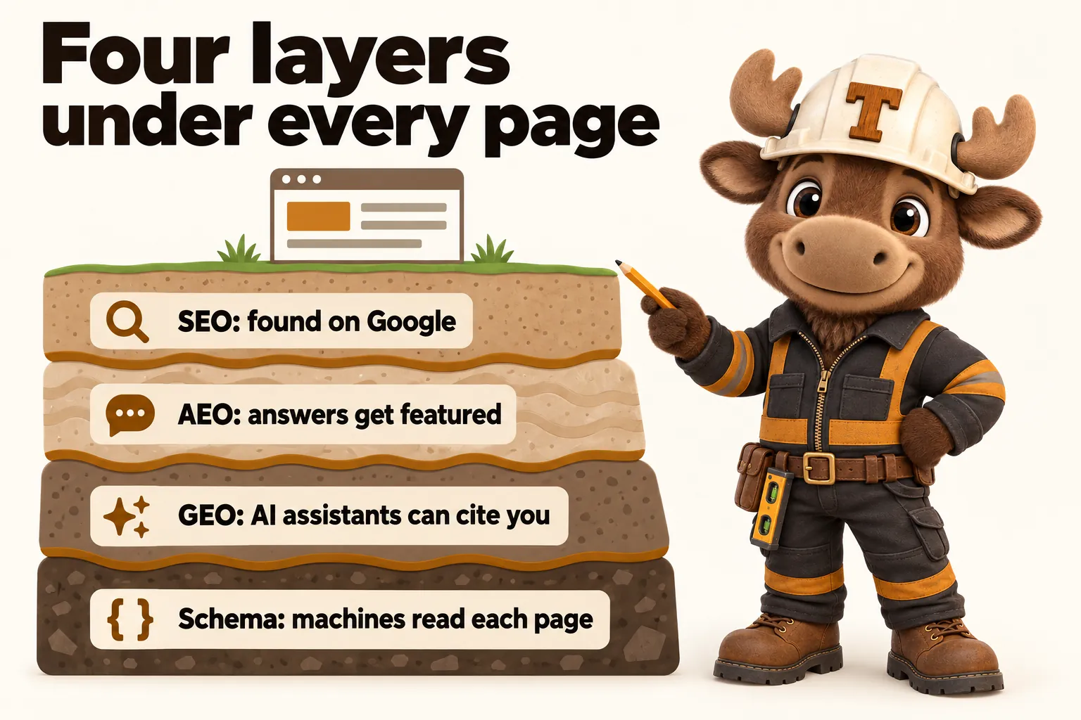 Four layers under every page: SEO, found on Google; AEO, answers get featured; GEO, AI assistants can cite you; Schema, machines read each page.