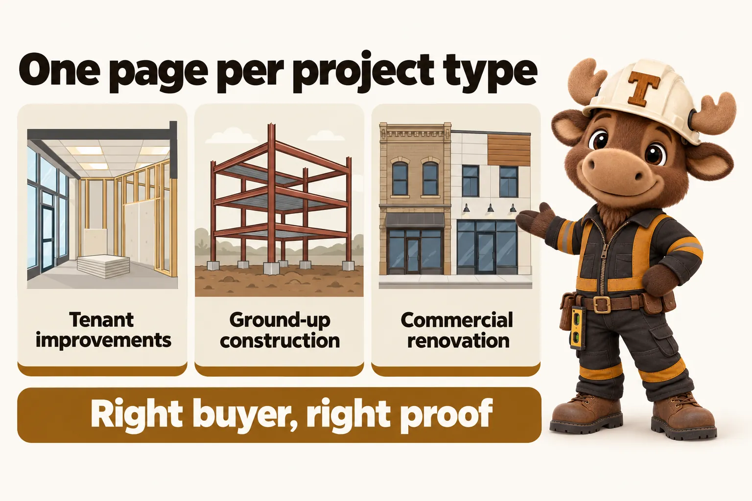 One page per project type: tenant improvements; ground-up construction; commercial renovation. Right buyer, right proof.