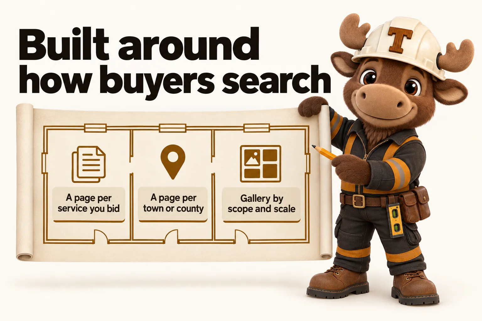 Built around how buyers search: a page per service you bid; a page per town or county; a gallery by scope and scale.