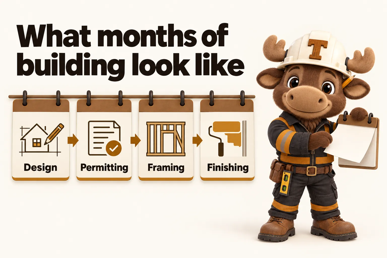 What months of building look like: design, permitting, framing, finishing.
