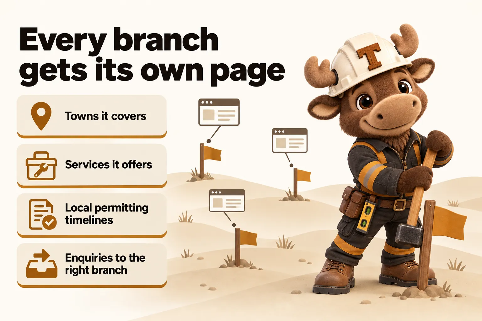 Every branch gets its own page: towns it covers; services it offers; local permitting timelines; enquiries to the right branch.
