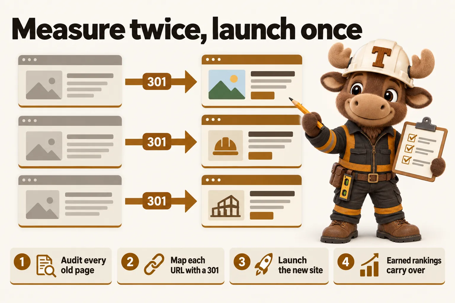 Measure twice, launch once: audit every old page; map each URL with a 301; launch the new site; earned rankings carry over.