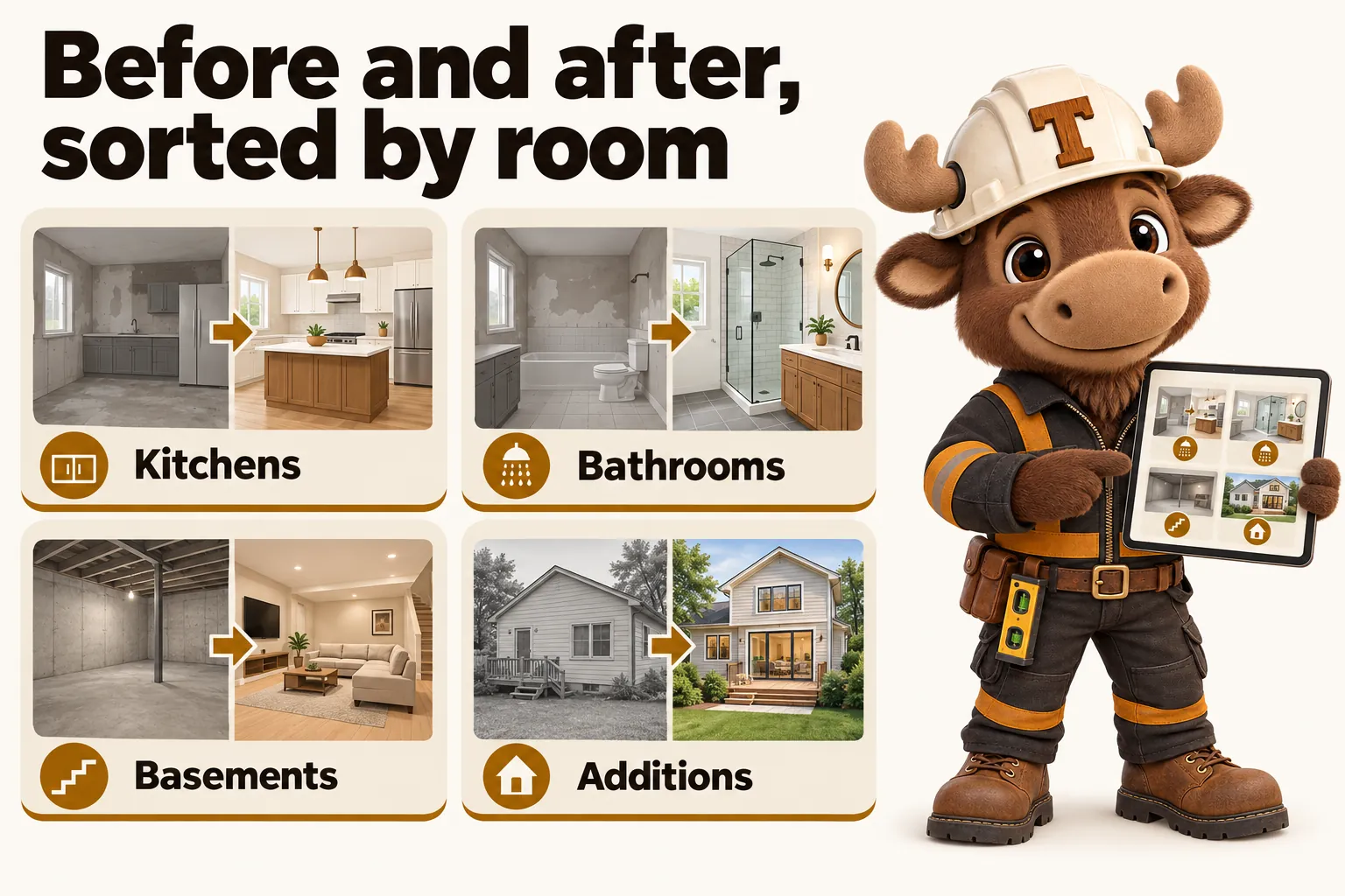 Before and after, sorted by room: kitchens, bathrooms, basements, additions.