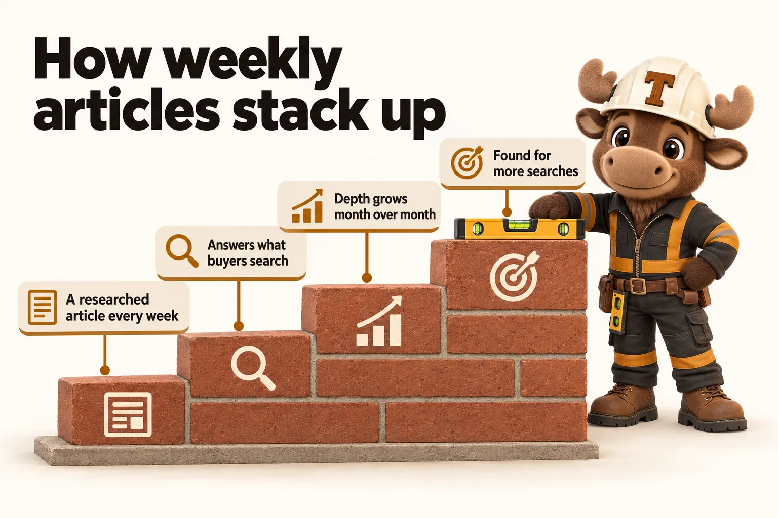 How weekly articles stack up: a researched article every week; answers what buyers search; depth grows month over month; found for more searches.