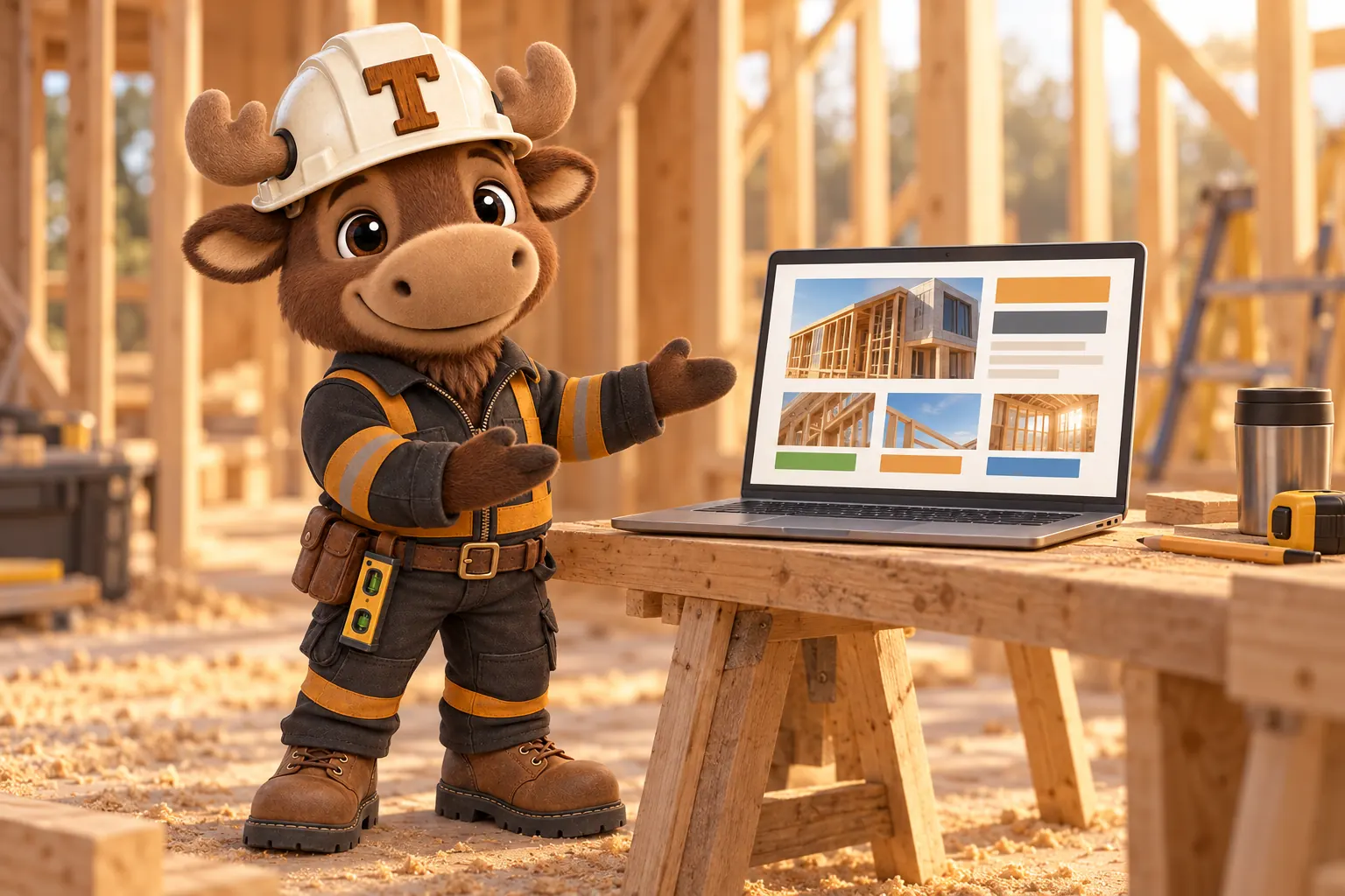 Tuff the moose calf foreman presenting a website on a laptop set on a sawhorse table inside a timber-framed house