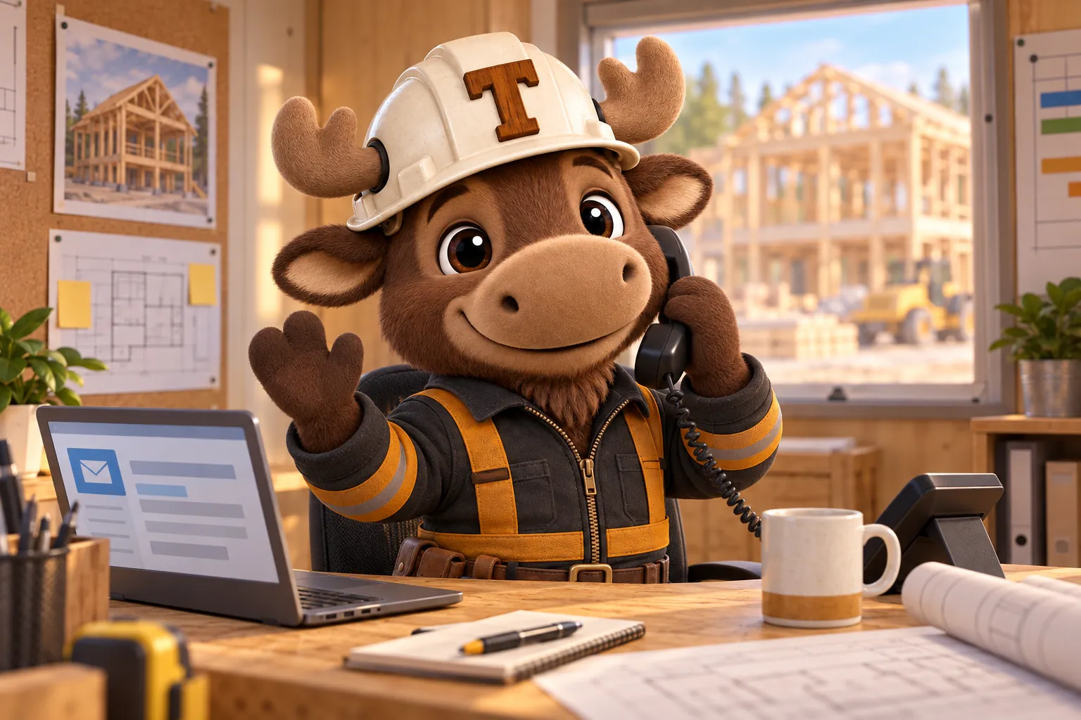 Tuff the moose calf foreman on the phone at a desk in a job-site office trailer, waving hello
