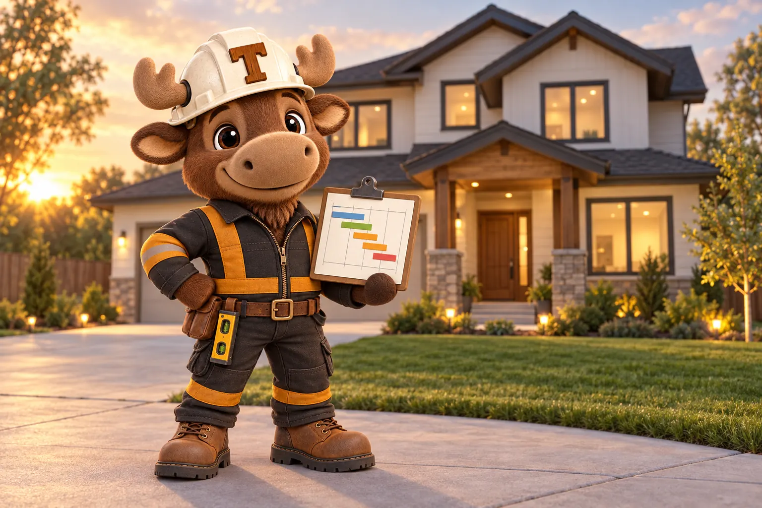 Tuff the moose calf foreman standing proudly in front of a finished two-story family home