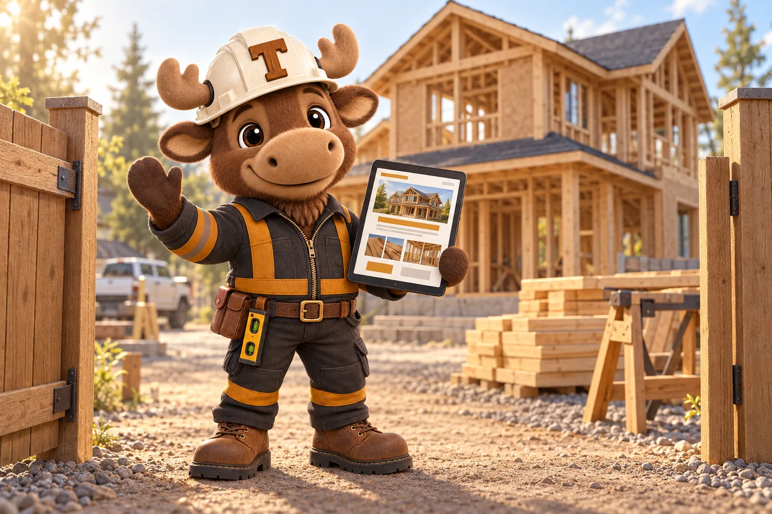 Tuff the moose calf foreman waving hello at the gate of a timber-framed job site, holding a tablet that shows a website