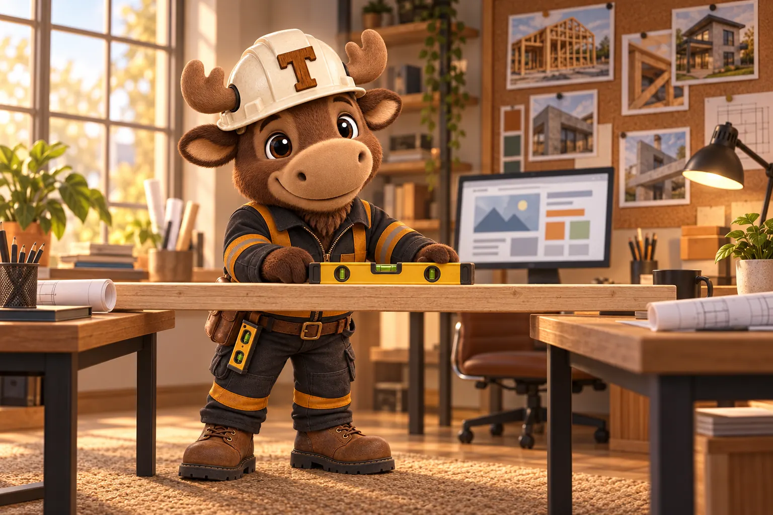 Tuff the moose calf foreman checking a spirit level on a plank in a web design studio